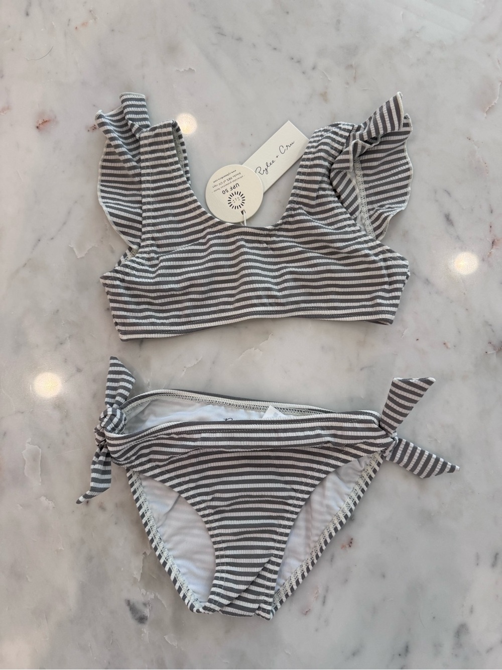 Rylee & Cru Striped Ruffle Bikini Set - Gray & White